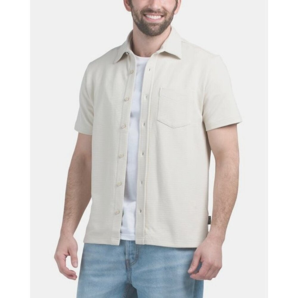 Ben Sherman Mens Light Tan Short Sleeve Knit Ottoman Button Front Shirt Sz M New